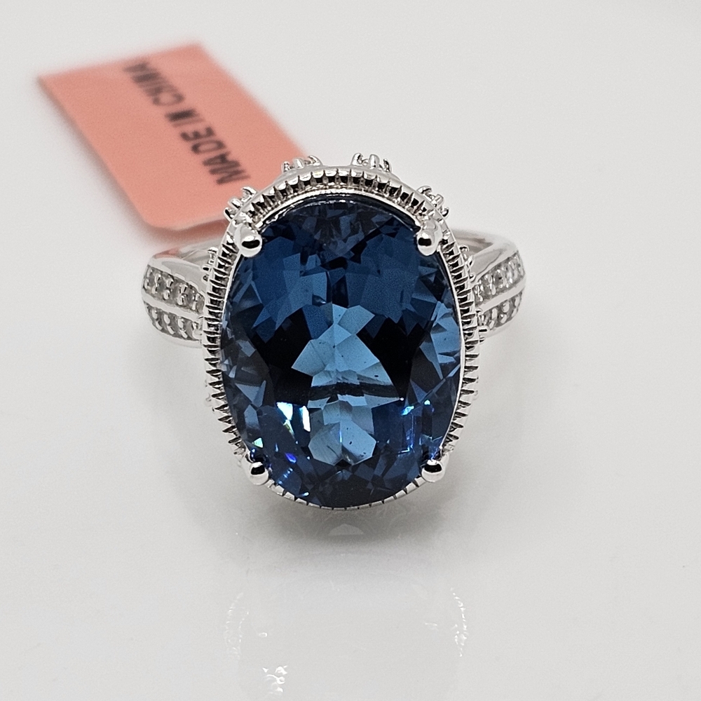 Natural London Blue Topaz & Diamond Ring in Sterling Silver & Rhodium Size 7! - Picture 6 of 16